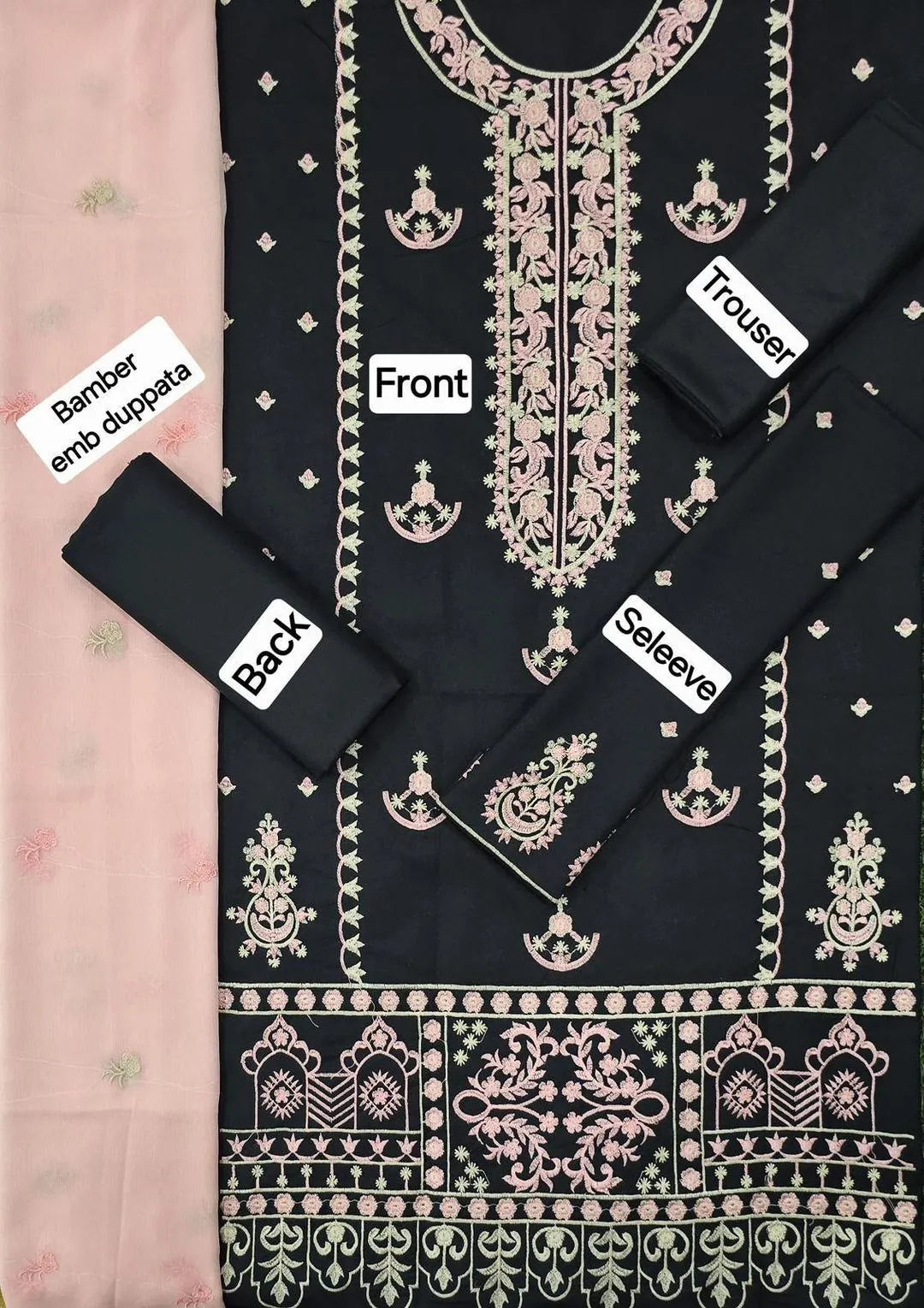Black Embroidered Suit - 3 Pcs Set with Dupatta, Shirt and Trouser
