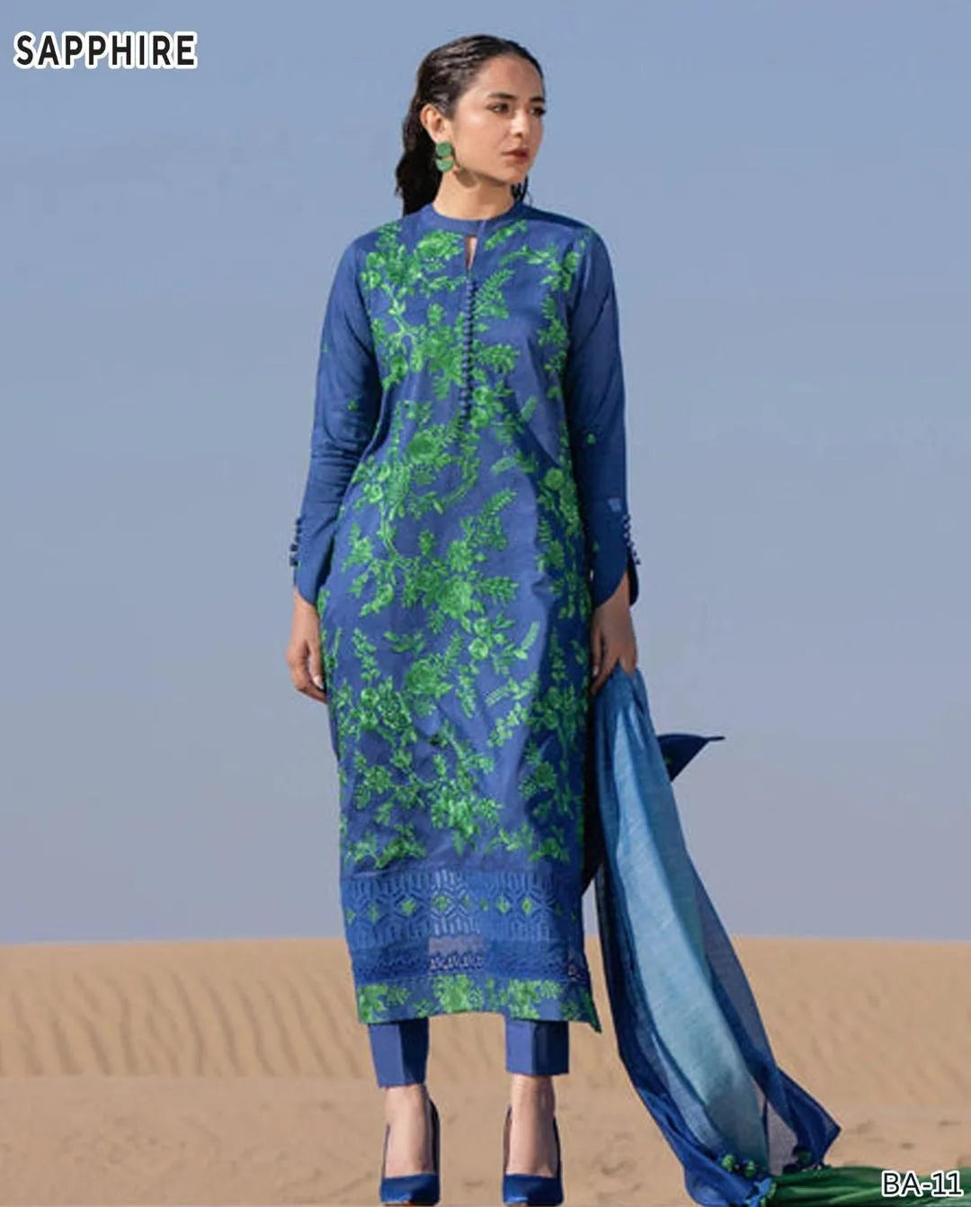 Stylish Blue Embroidered Suit with Dupatta - 3 Pcs Set