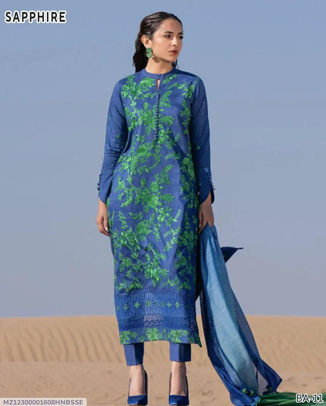 Stylish Blue Embroidered Suit with Dupatta - 3 Pcs Set