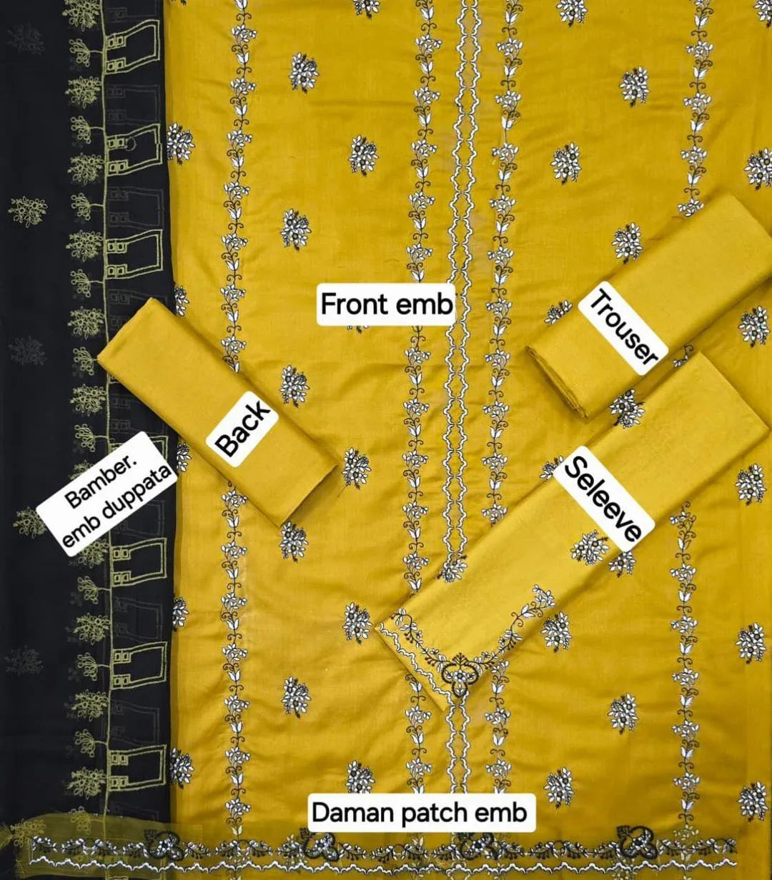 Mustard Embroidered Suit Set with Dupatta - 3 Pcs