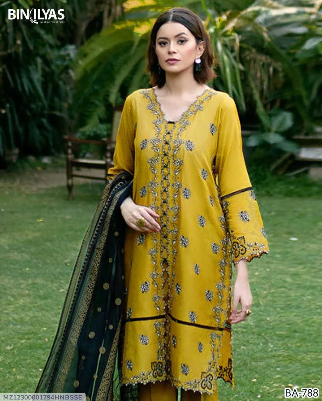 Mustard Embroidered Suit Set with Dupatta - 3 Pcs